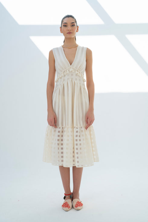 V NECK MIDI DRESS CREAM - Barrus London